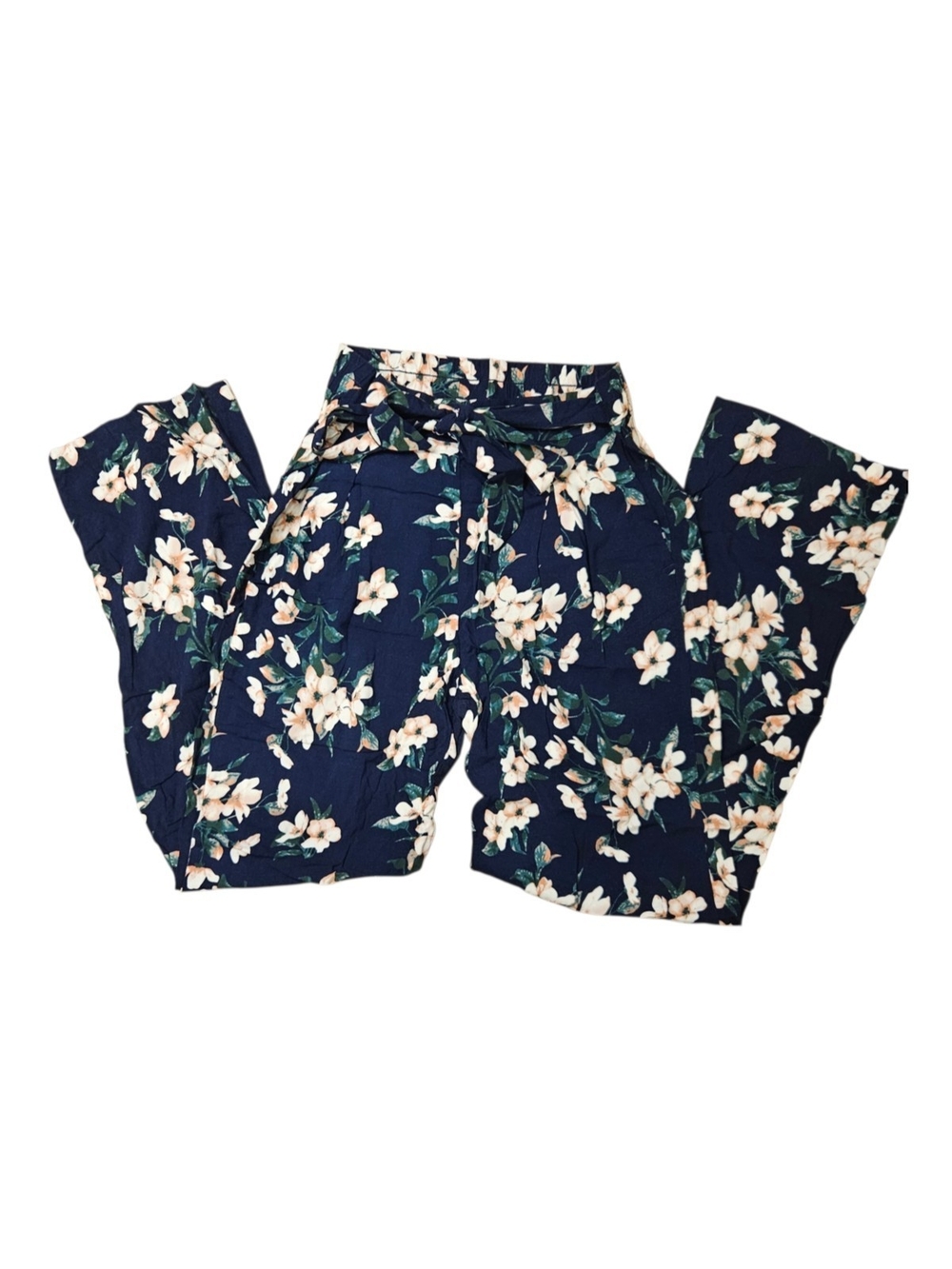 Navy Floral Print Wide Leg Pants With Attached Tie-front Belt